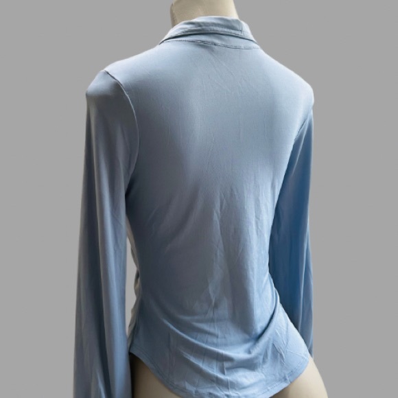 New Beautiful Blue Classic Button Down Ruched Collared Blouse - Picture 3 of 4